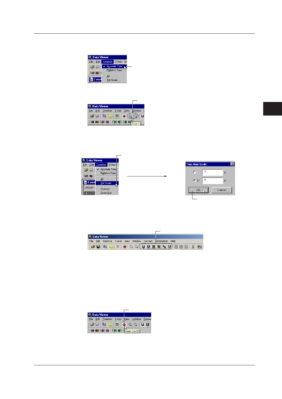 Setting the time axis, Setting the y-axis, Waveform display limit | Turn on/off the alarm display, Setting the time axis -7, Setting the y-axis -7, Waveform display limit -7, Turn on/off the alarm display -7 | Yokogawa DAQWORX User Manual | Page 69 / 336