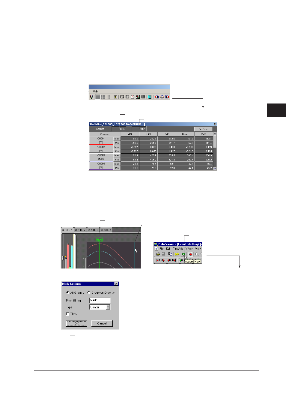 Displaying cursor’s values, Displaying statistics, Adding arbitrary marks | Displaying cursor’s values -9, Displaying statistics -9, Adding arbitrary marks -9, Index dsplayng cursor’s values, Dsplayng statstcs, Addng arbtrary marks | Yokogawa DAQWORX User Manual | Page 71 / 336