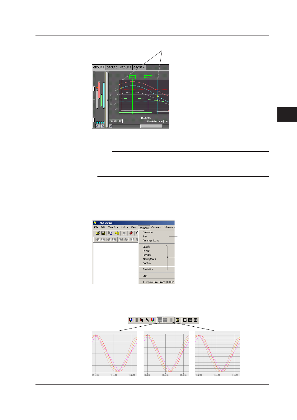 Deleting marks, Resetting marks, Setting the window | Changing the grid display, Deleting marks -11, Resetting marks -11, Setting the window -11, Changing the grid display -11 | Yokogawa DAQWORX User Manual | Page 73 / 336
