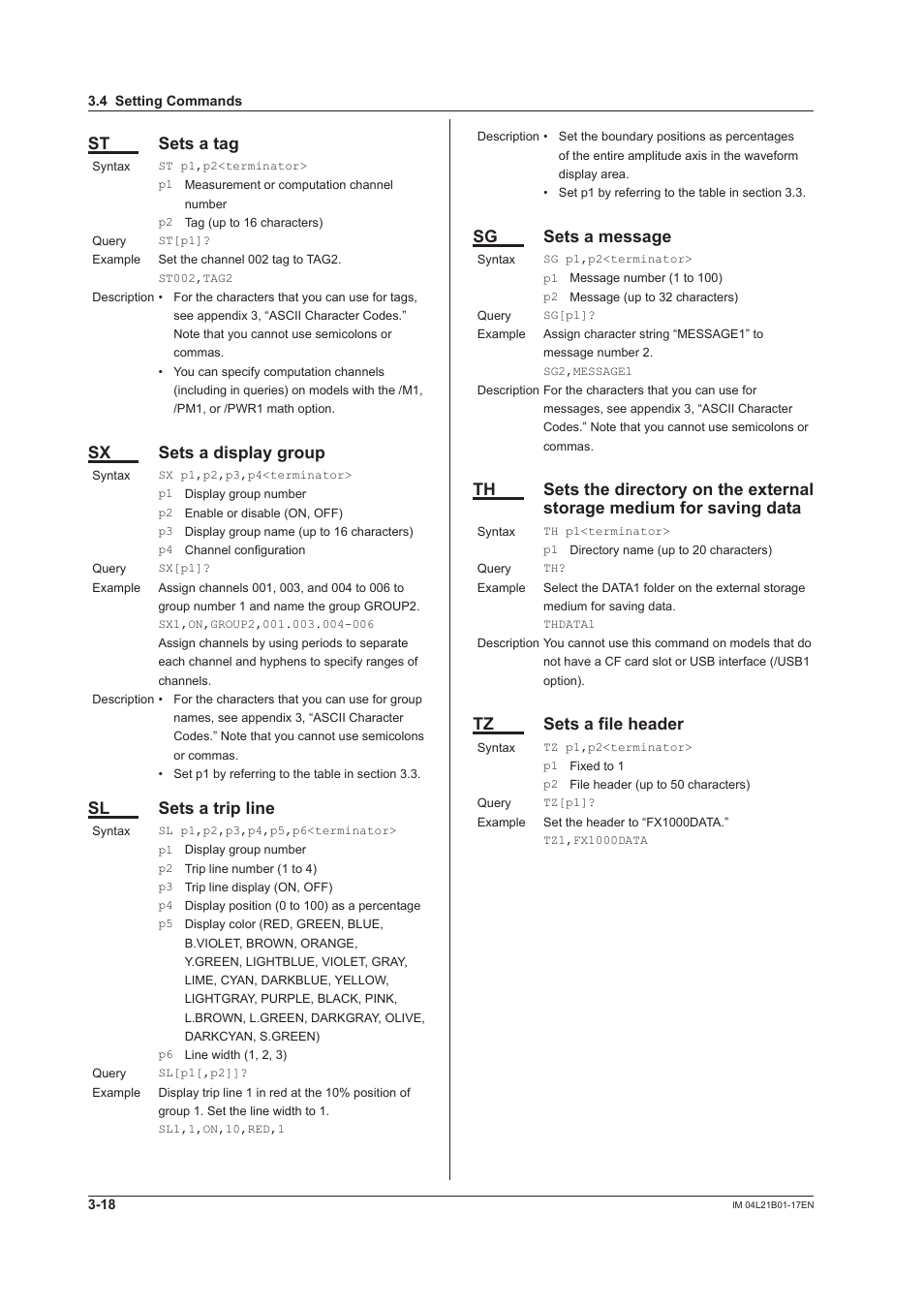 St sets a tag, Sx sets a display group, Sl sets a trip line | Sg sets a message, Tz sets a file header | Yokogawa Value Series FX1000 User Manual | Page 100 / 206