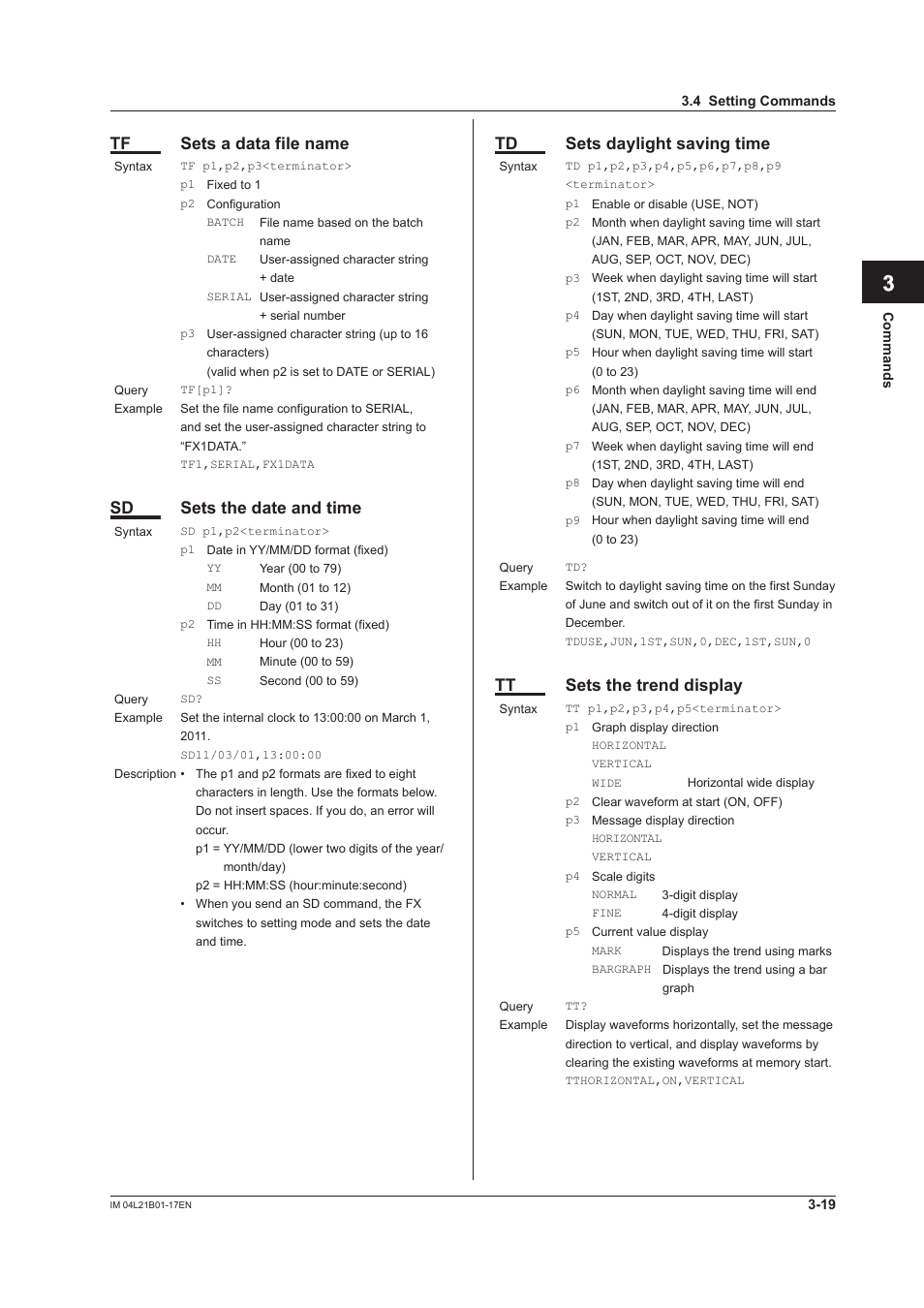 App index, Tf sets a data file name, Sd sets the date and time | Td sets daylight saving time, Tt sets the trend display | Yokogawa Value Series FX1000 User Manual | Page 101 / 206