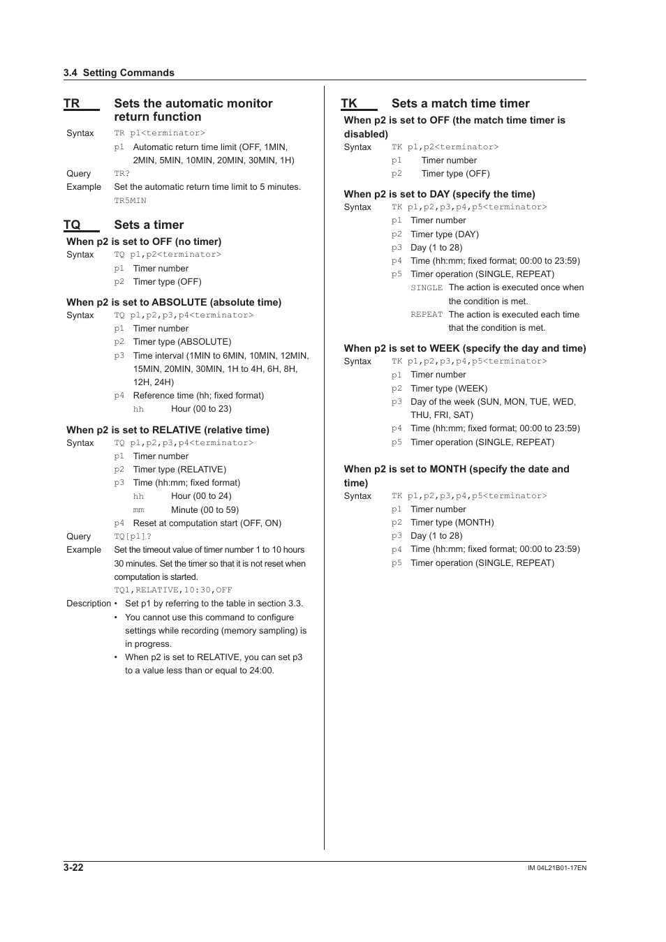 Tr sets the automatic monitor return function, Tq sets a timer, Tk sets a match time timer | Yokogawa Value Series FX1000 User Manual | Page 104 / 206