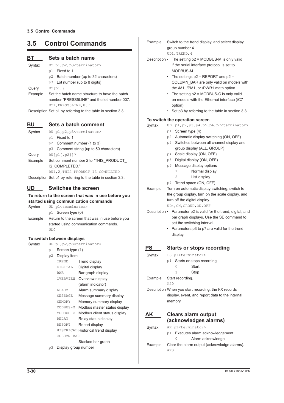 5 control commands, 5 control commands -30, Bt sets a batch name | Bu sets a batch comment, Ud switches the screen, Ps starts or stops recording, Ak clears alarm output (acknowledges alarms) | Yokogawa Value Series FX1000 User Manual | Page 112 / 206