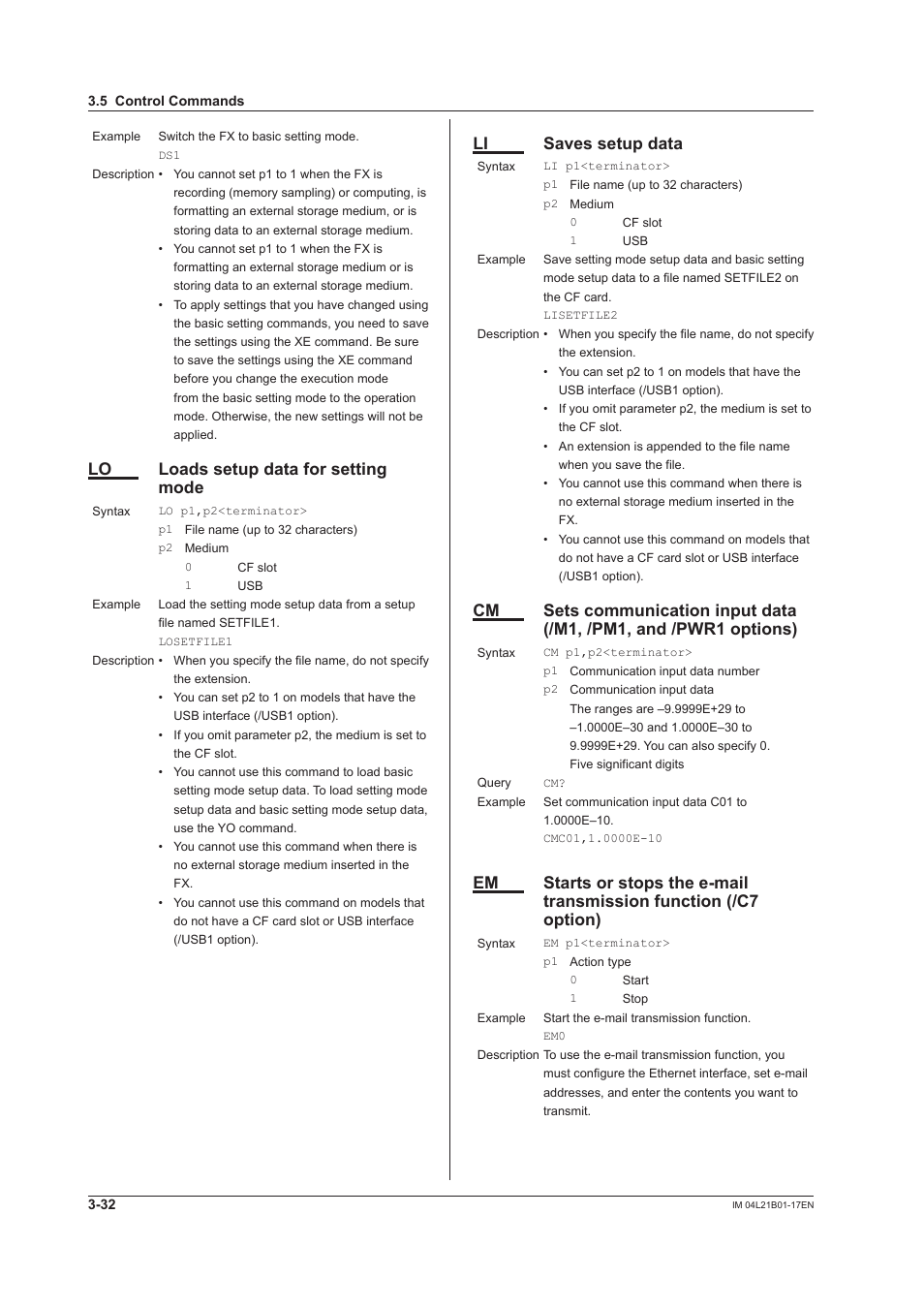 Lo loads setup data for setting mode, Li saves setup data | Yokogawa Value Series FX1000 User Manual | Page 114 / 206