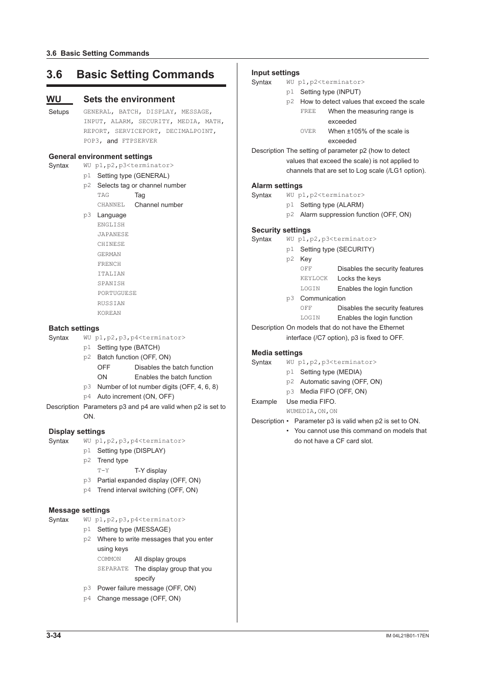 6 basic setting commands, 6 basic setting commands -34, Wu sets the environment | Yokogawa Value Series FX1000 User Manual | Page 116 / 206