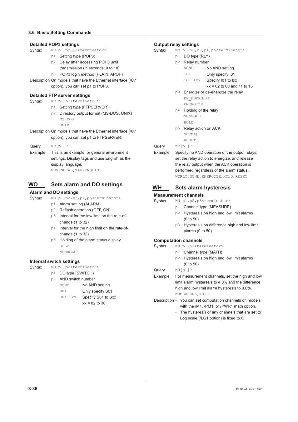 Wo sets alarm and do settings, Wh sets alarm hysteresis | Yokogawa Value Series FX1000 User Manual | Page 118 / 206