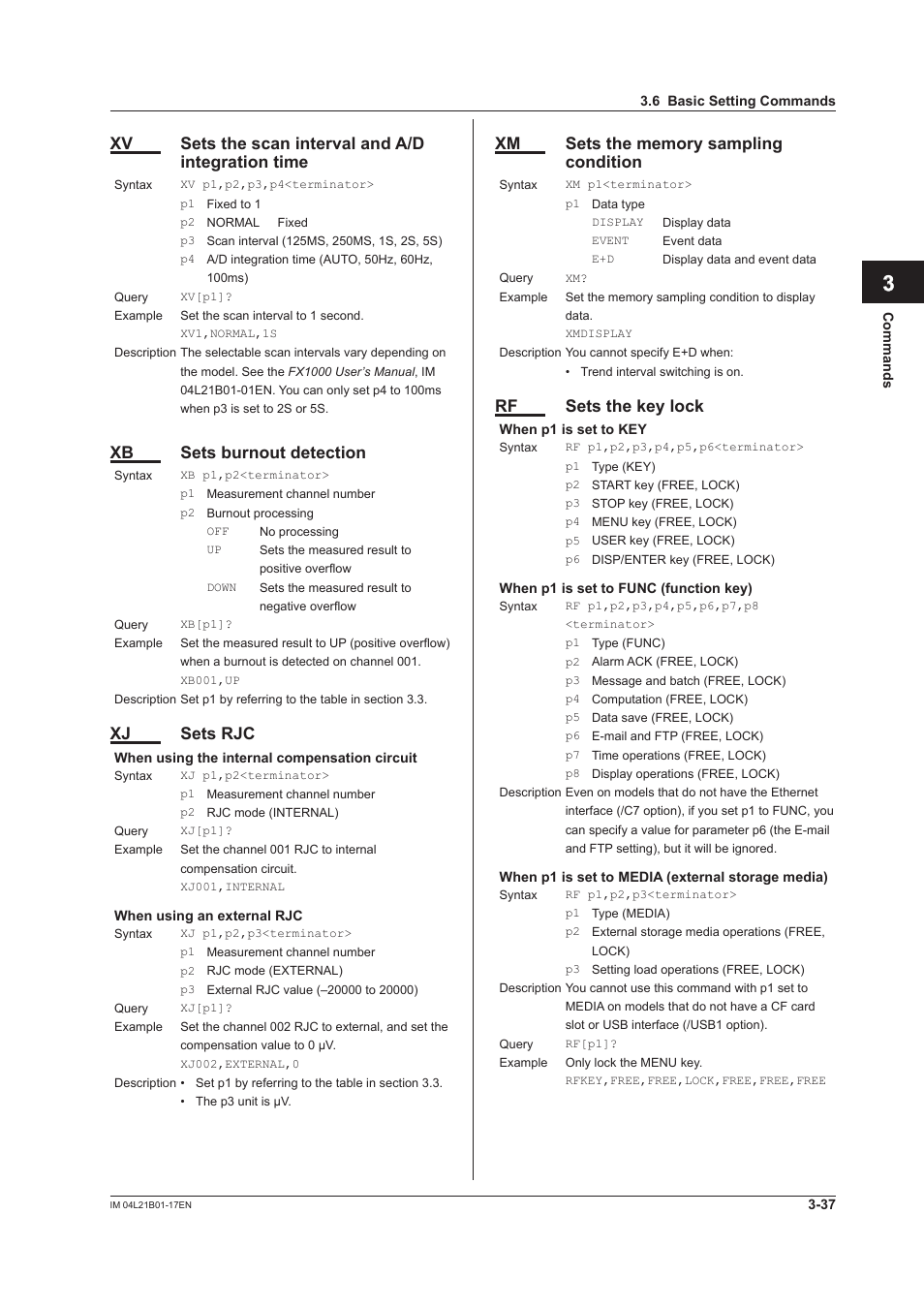 App index, Xv sets the scan interval and a/d integration time, Xb sets burnout detection | Xj sets rjc, Rf sets the key lock | Yokogawa Value Series FX1000 User Manual | Page 119 / 206