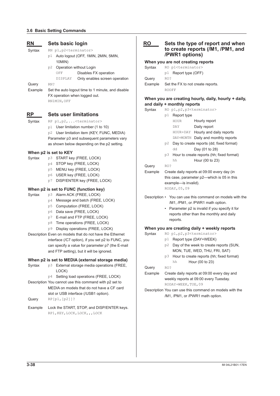 Rn sets basic login, Rp sets user limitations | Yokogawa Value Series FX1000 User Manual | Page 120 / 206