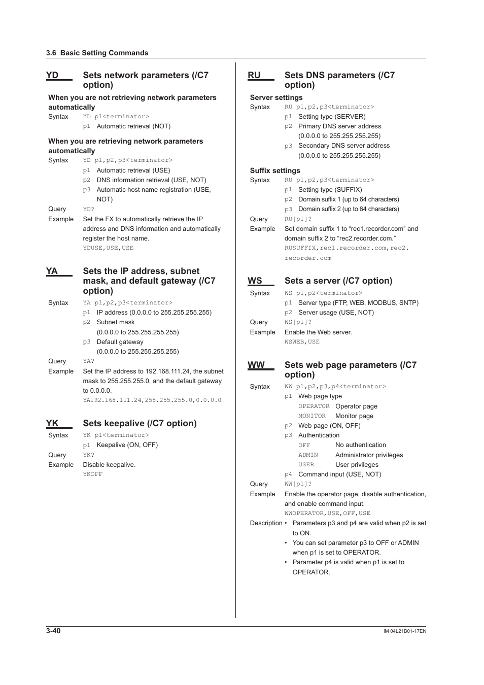 Yd sets network parameters (/c7 option), Yk sets keepalive (/c7 option), Ru sets dns parameters (/c7 option) | Ws sets a server (/c7 option), Ww sets web page parameters (/c7 option) | Yokogawa Value Series FX1000 User Manual | Page 122 / 206