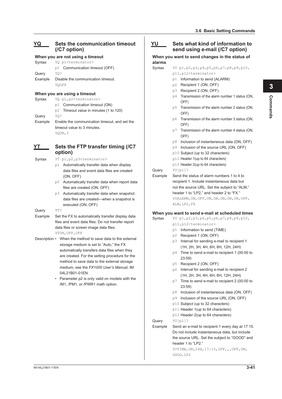 App index, Yq sets the communication timeout (/c7 option), Yt sets the ftp transfer timing (/c7 option) | Yokogawa Value Series FX1000 User Manual | Page 123 / 206