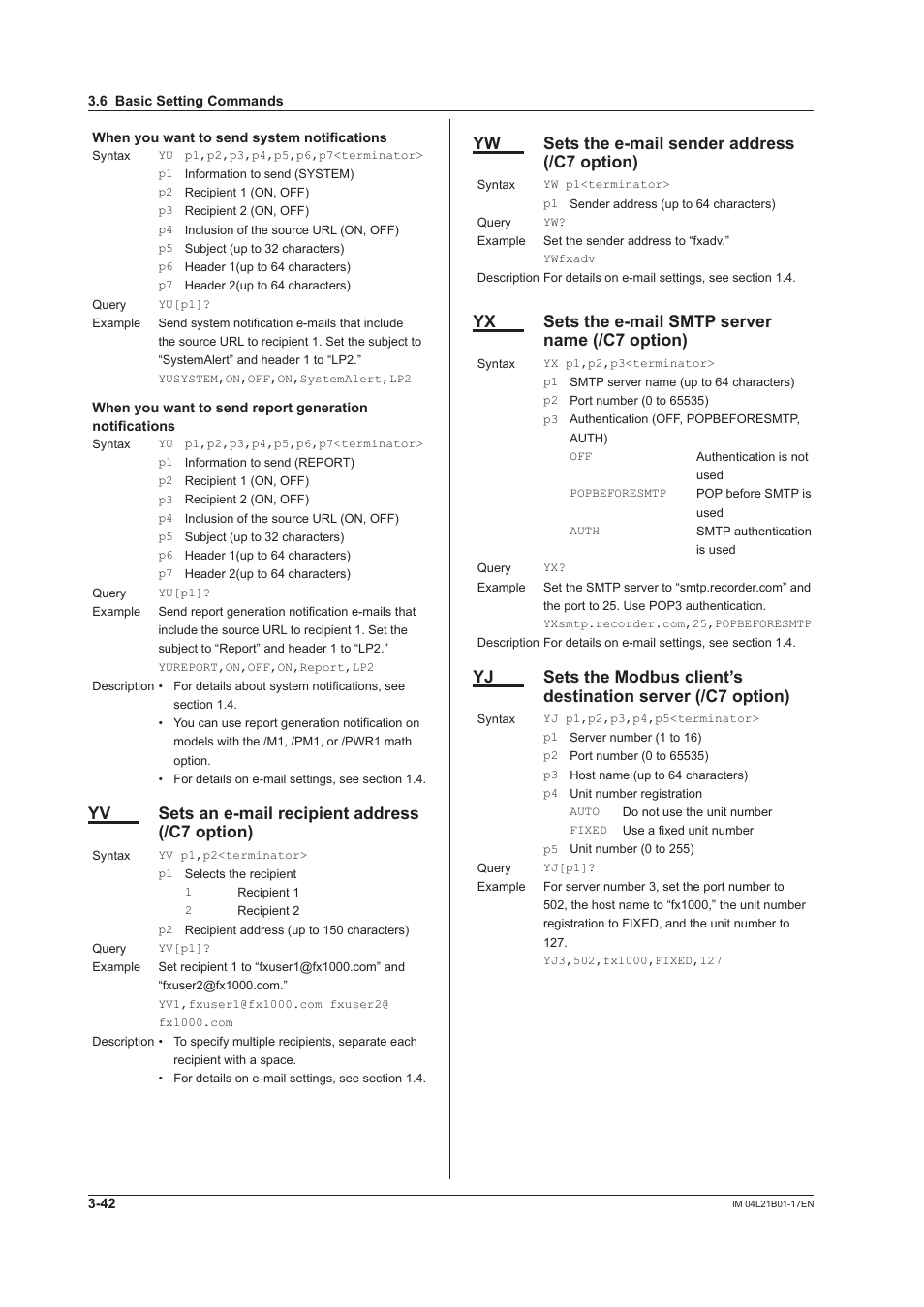 Yv sets an e-mail recipient address (/c7 option), Yw sets the e-mail sender address (/c7 option), Yx sets the e-mail smtp server name (/c7 option) | Yokogawa Value Series FX1000 User Manual | Page 124 / 206