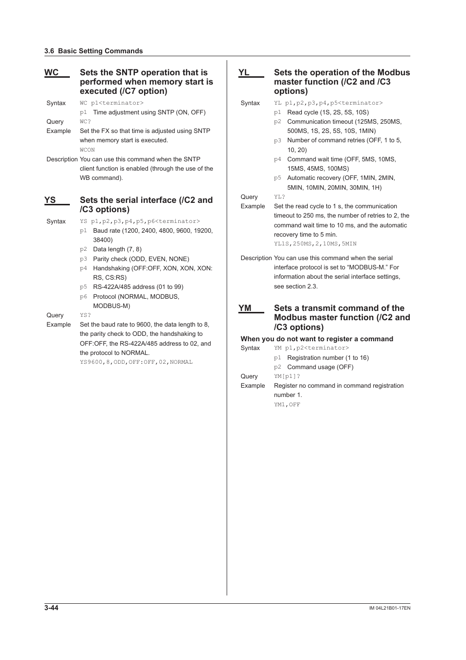 Ys sets the serial interface (/c2 and /c3 options) | Yokogawa Value Series FX1000 User Manual | Page 126 / 206