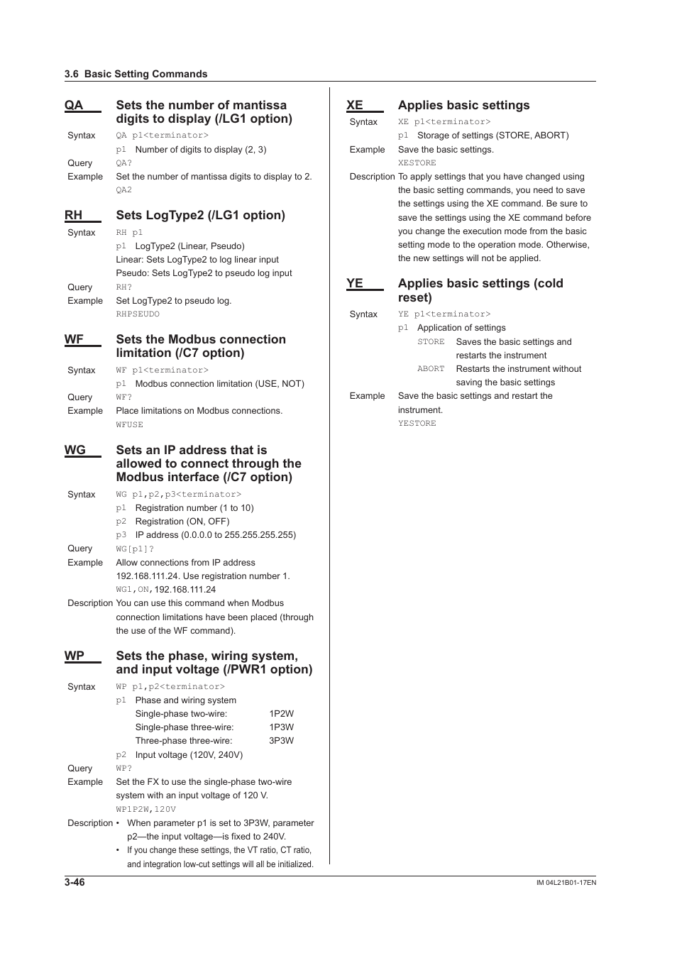 Rh sets logtype2 (/lg1 option), Xe applies basic settings, Ye applies basic settings (cold reset) | Yokogawa Value Series FX1000 User Manual | Page 128 / 206