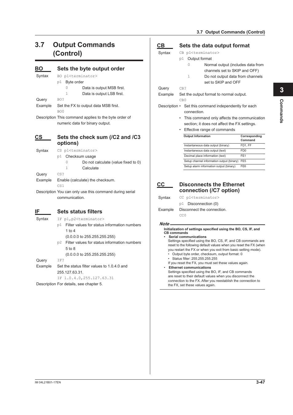 7 output commands (control), 7 output commands (control) -47, App index | Bo sets the byte output order, Cs sets the check sum (/c2 and /c3 options), If sets status filters, Cb sets the data output format | Yokogawa Value Series FX1000 User Manual | Page 129 / 206