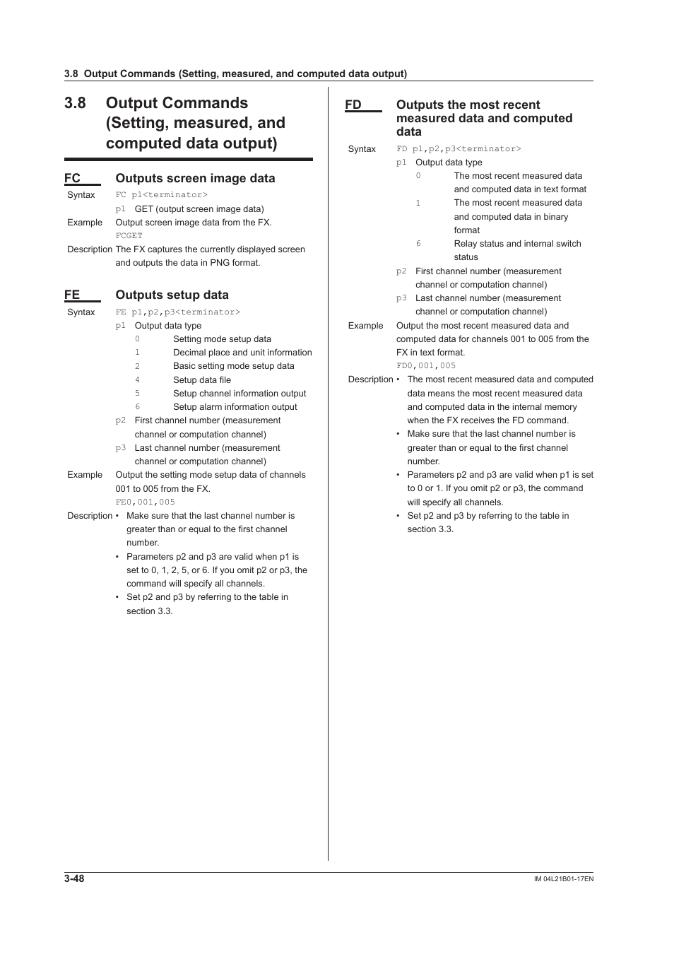 Fc outputs screen image data, Fe outputs setup data | Yokogawa Value Series FX1000 User Manual | Page 130 / 206