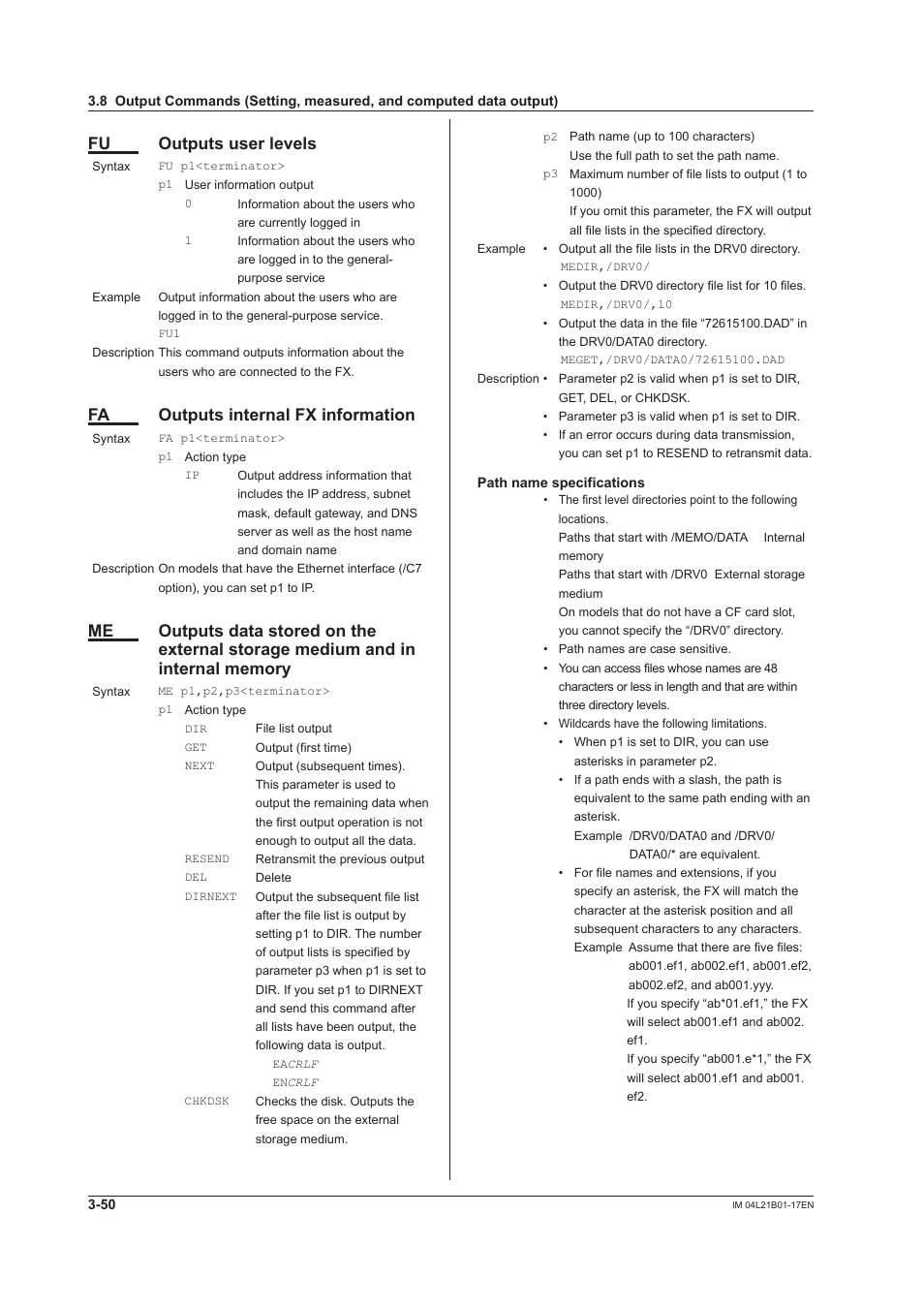 Fu outputs user levels, Fa outputs internal fx information | Yokogawa Value Series FX1000 User Manual | Page 132 / 206