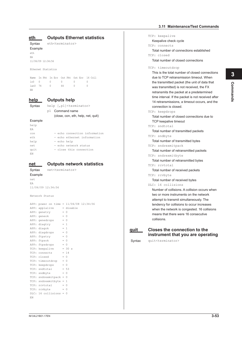 App index, Eth outputs ethernet statistics, Help outputs help | Net outputs network statistics | Yokogawa Value Series FX1000 User Manual | Page 135 / 206