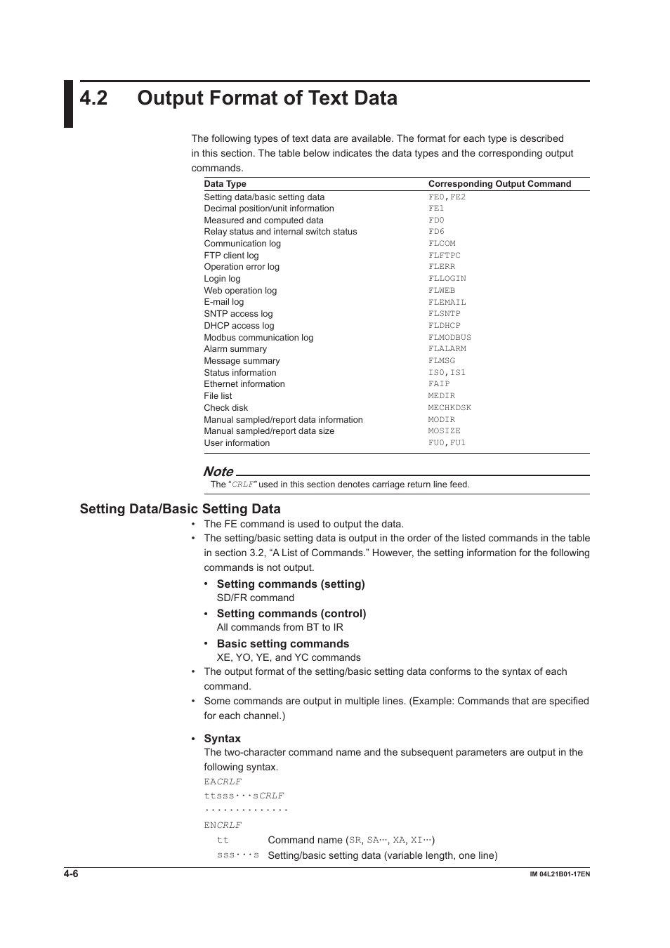 2 output format of text data, 2 output format of text data -6, Setting data/basic setting data | Yokogawa Value Series FX1000 User Manual | Page 142 / 206