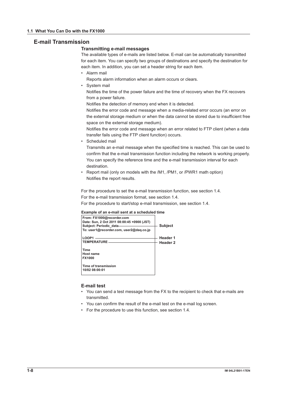 E-mail transmission | Yokogawa Value Series FX1000 User Manual | Page 16 / 206