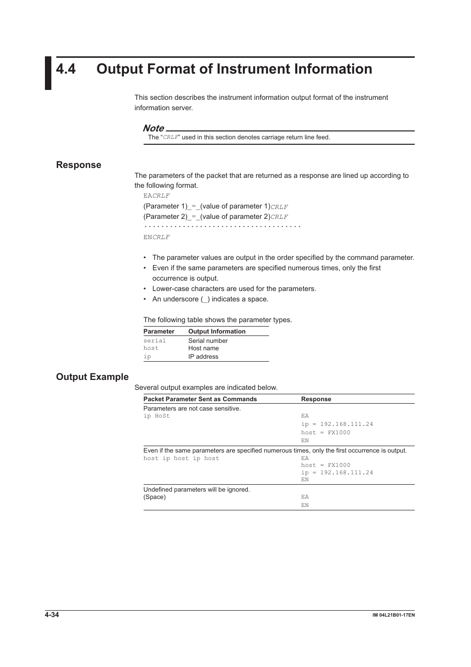 4 output format of instrument information, 4 output format of instrument information -34, Response | Output example | Yokogawa Value Series FX1000 User Manual | Page 170 / 206