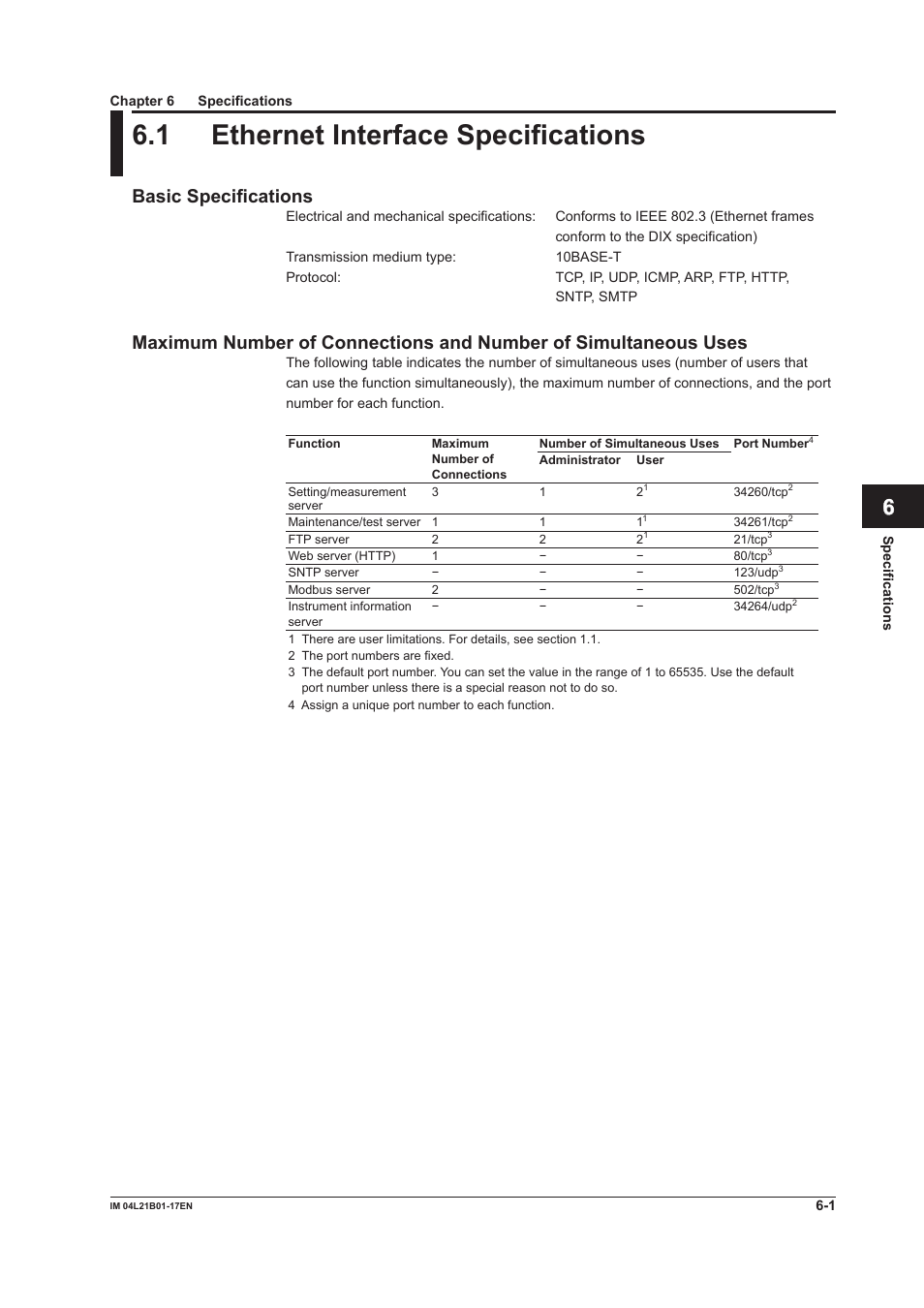 Chapter 6 specifications, 1 ethernet interface specifications, 1 ethernet interface specifications -1 | App index, Basic specifications | Yokogawa Value Series FX1000 User Manual | Page 175 / 206