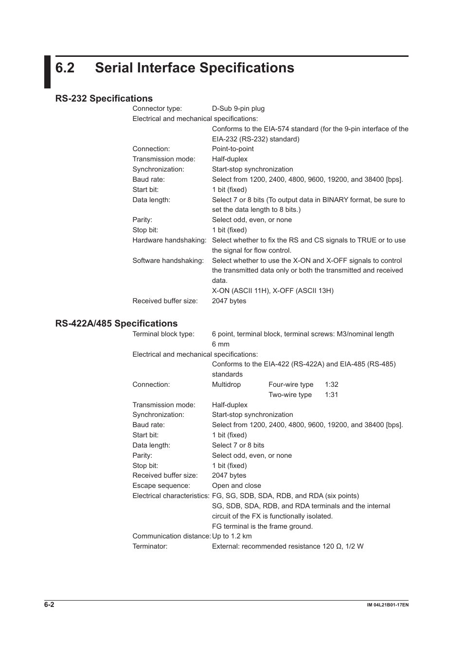 2 serial interface specifications, 2 serial interface specifications -2, Rs-232 specifications | Yokogawa Value Series FX1000 User Manual | Page 176 / 206