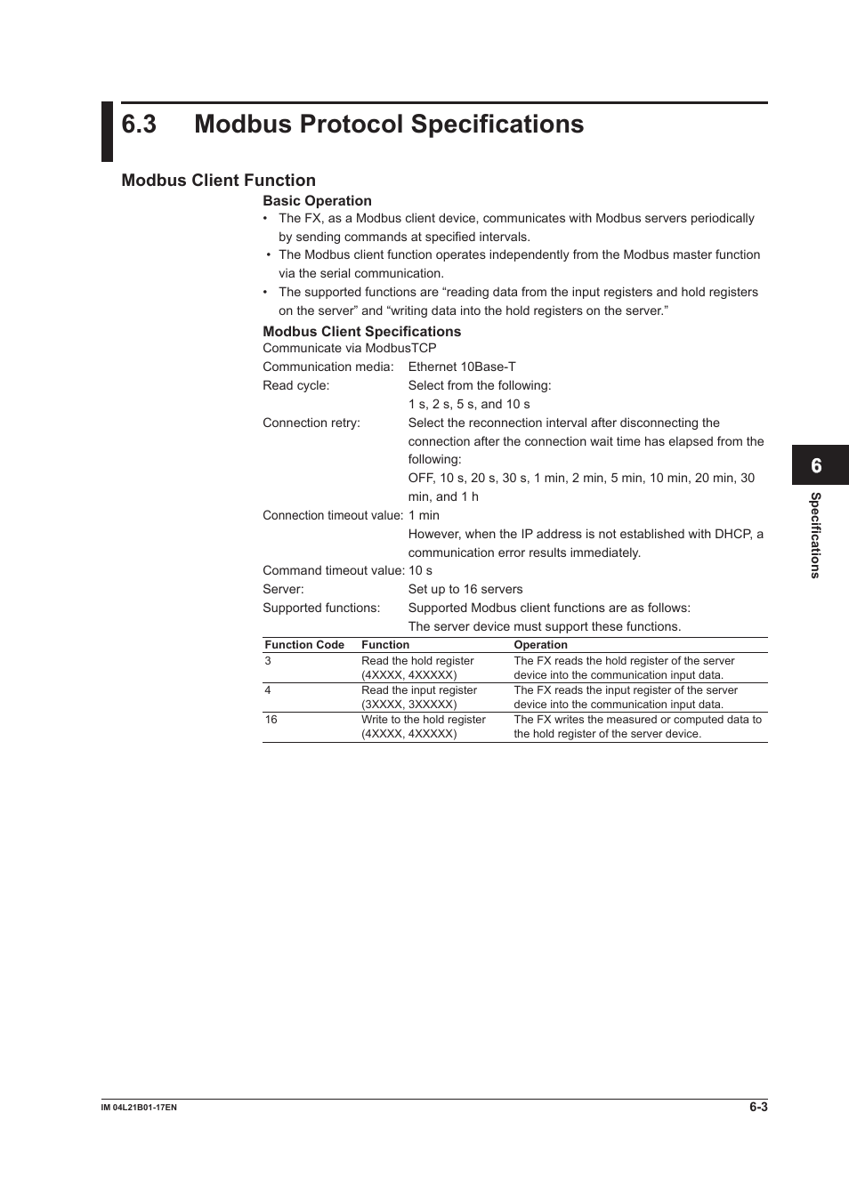 3 modbus protocol specifications, 3 modbus protocol specifications -3, App index | Modbus client function | Yokogawa Value Series FX1000 User Manual | Page 177 / 206