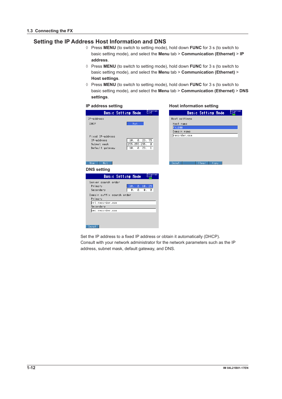 Setting the ip address host information and dns | Yokogawa Value Series FX1000 User Manual | Page 20 / 206