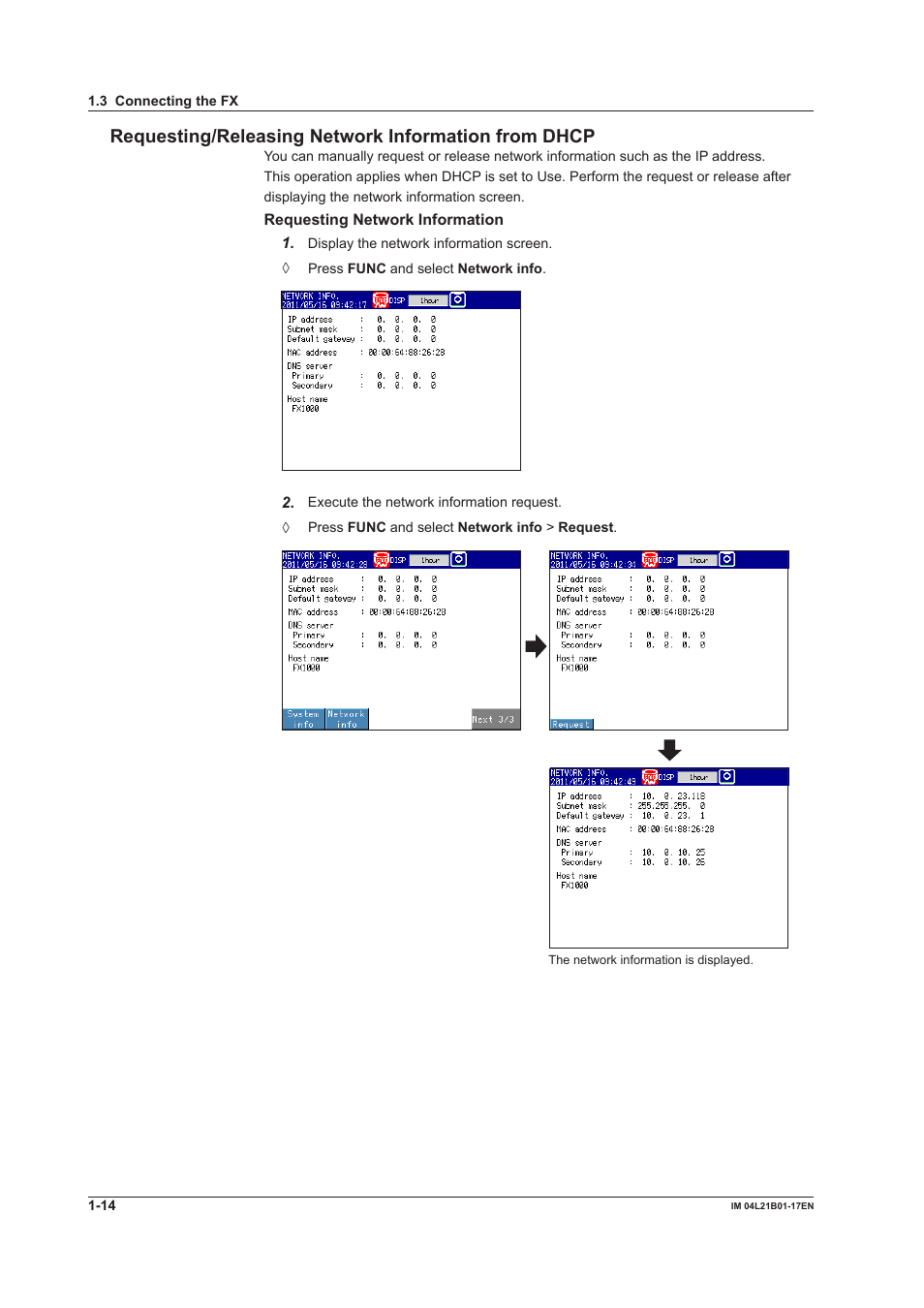 Requesting/releasing network information from dhcp | Yokogawa Value Series FX1000 User Manual | Page 22 / 206