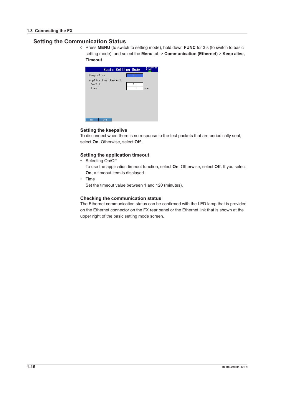 Setting the communication status | Yokogawa Value Series FX1000 User Manual | Page 24 / 206
