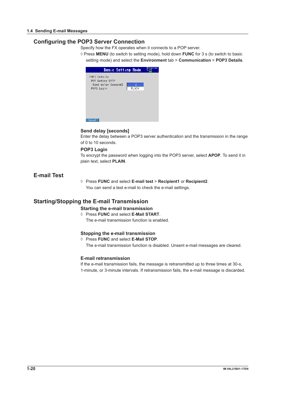 Configuring the pop3 server connection, E-mail test, Starting/stopping the e-mail transmission | Yokogawa Value Series FX1000 User Manual | Page 28 / 206