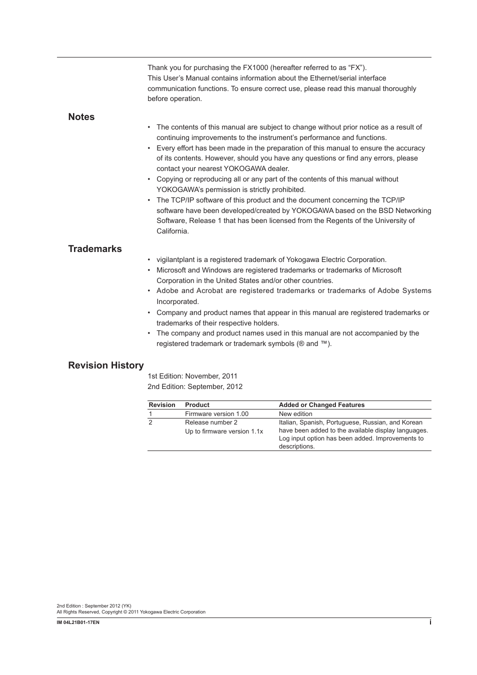 Trademarks, Revision history | Yokogawa Value Series FX1000 User Manual | Page 3 / 206