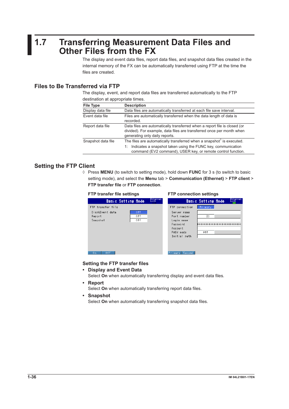 Files to be transferred via ftp, Setting the ftp client | Yokogawa Value Series FX1000 User Manual | Page 44 / 206