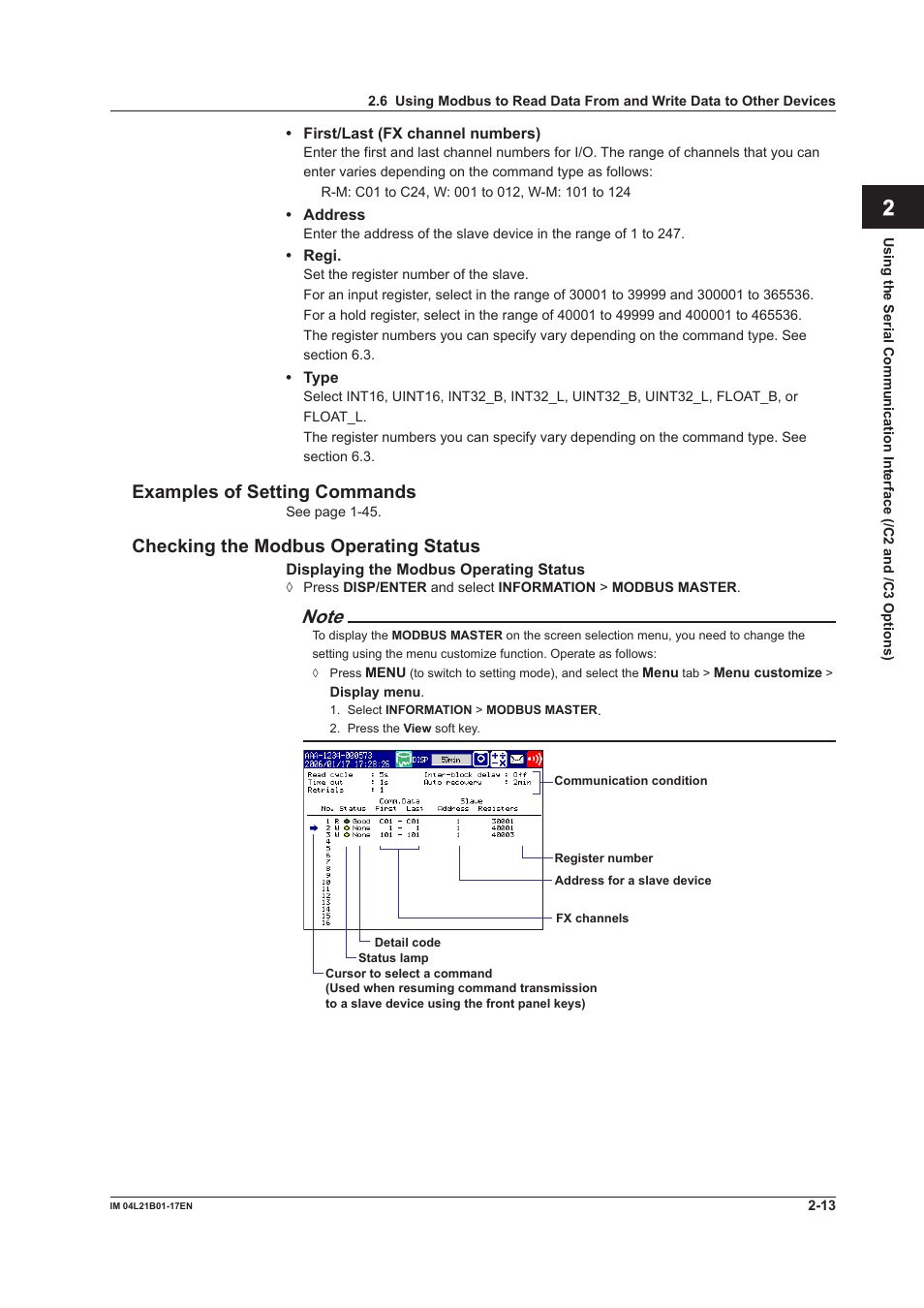 App index, Examples of setting commands, Checking the modbus operating status | Yokogawa Value Series FX1000 User Manual | Page 77 / 206