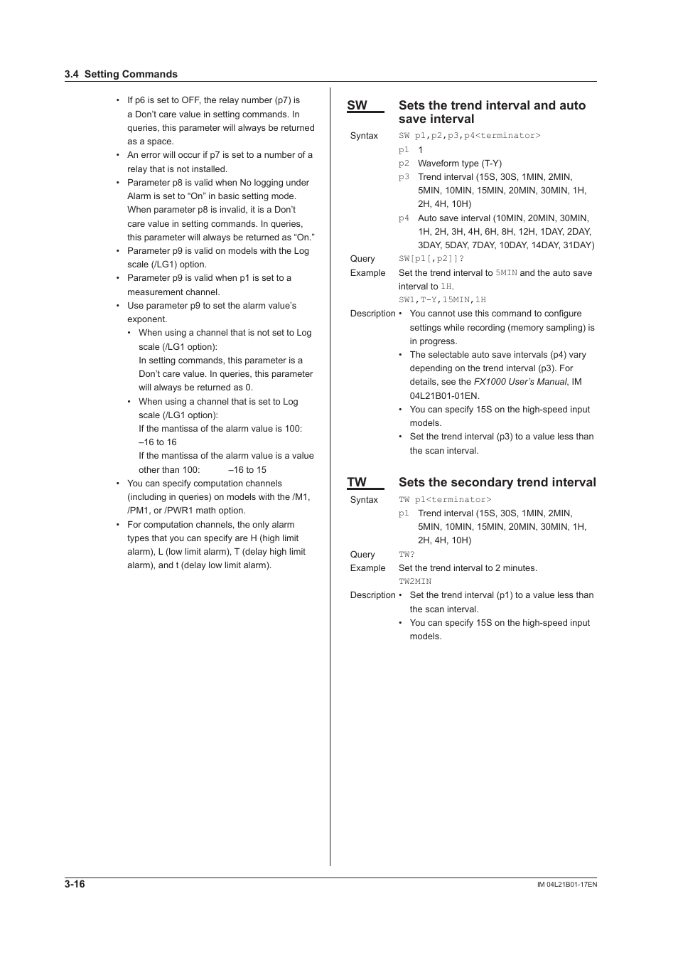 Sw sets the trend interval and auto save interval, Tw sets the secondary trend interval | Yokogawa Value Series FX1000 User Manual | Page 98 / 206