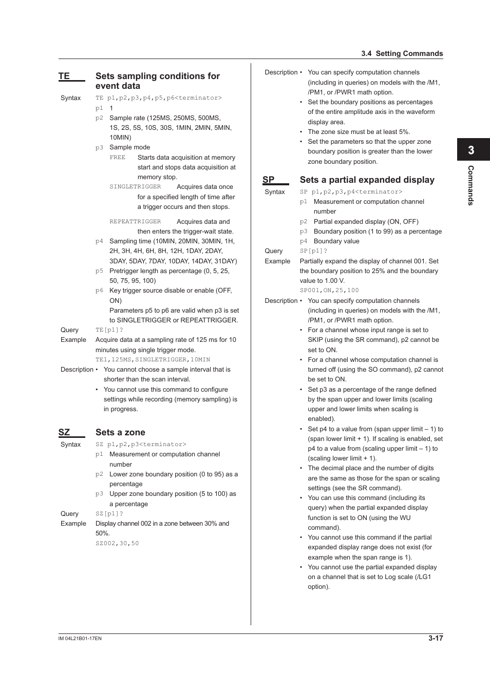 App index, Te sets sampling conditions for event data, Sz sets a zone | Sp sets a partial expanded display | Yokogawa Value Series FX1000 User Manual | Page 99 / 206