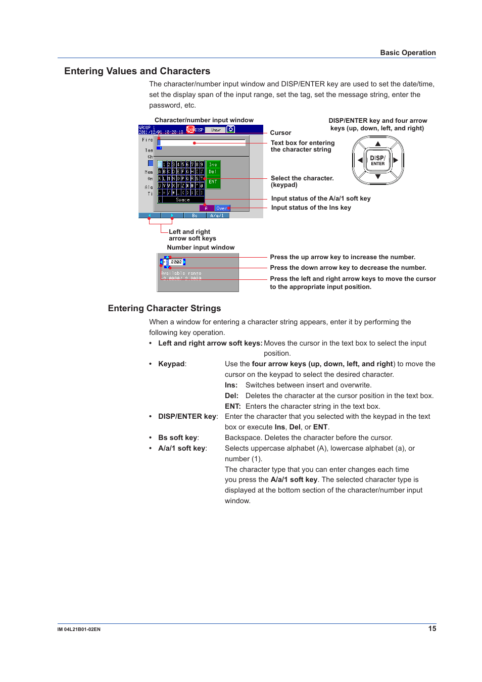 Entering values and characters, Entering character strings | Yokogawa Value Series FX1000 User Manual | Page 16 / 34