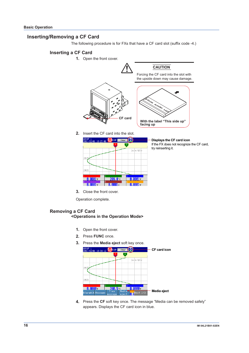 Inserting/removing a cf card | Yokogawa Value Series FX1000 User Manual | Page 17 / 34