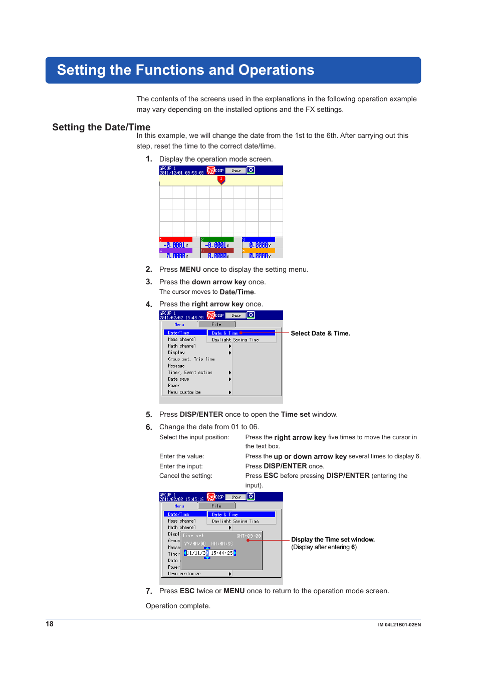 Setting the functions and operations, Setting the date/time | Yokogawa Value Series FX1000 User Manual | Page 19 / 34