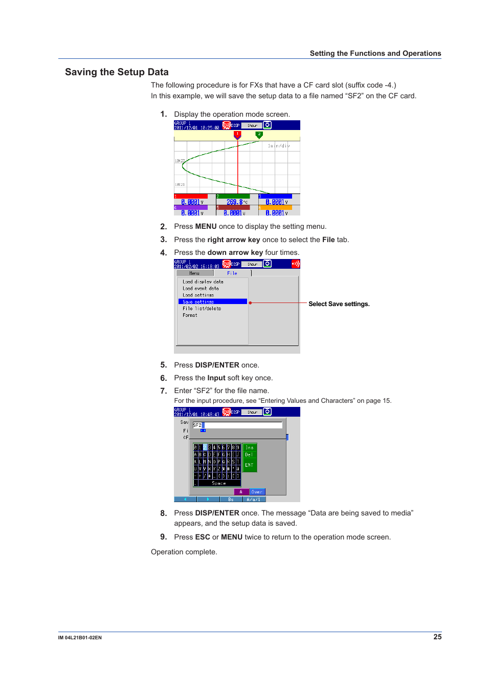 Saving the setup data | Yokogawa Value Series FX1000 User Manual | Page 26 / 34