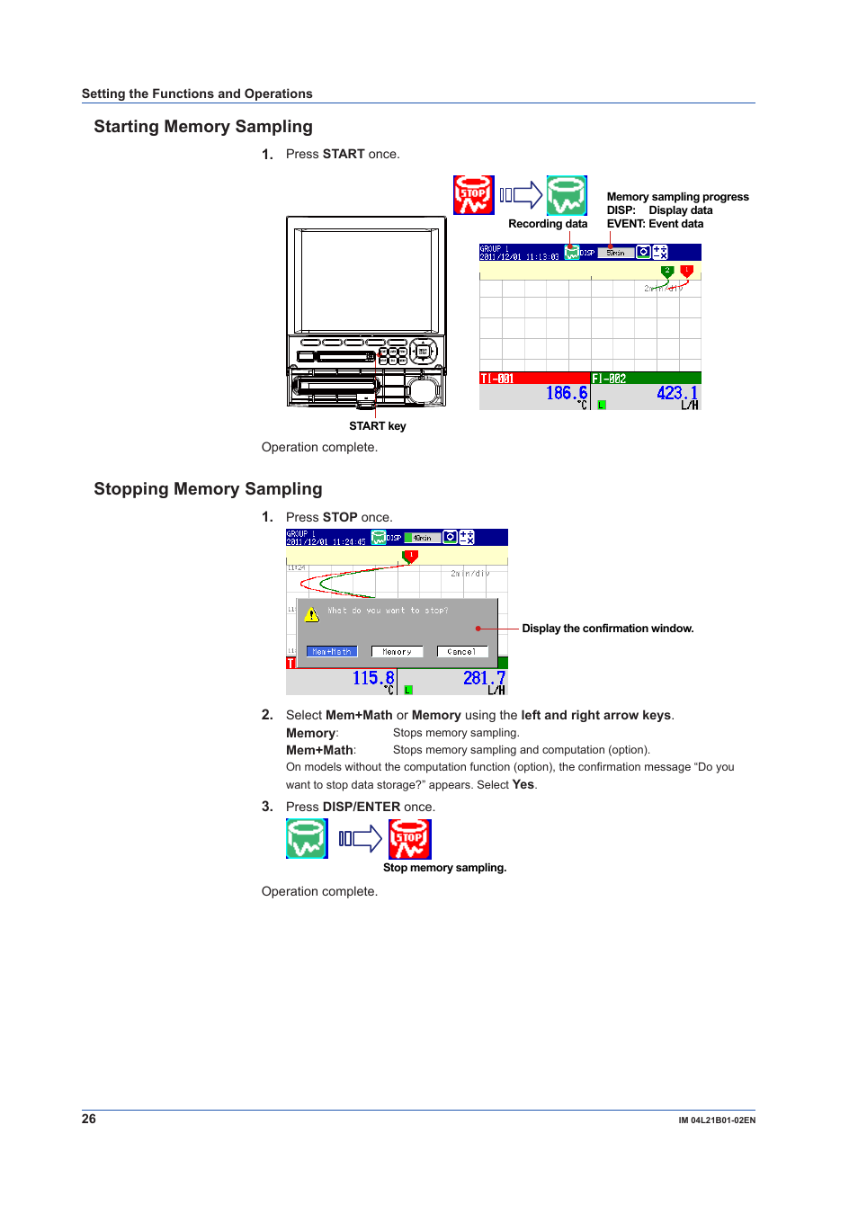 Starting memory sampling, Stopping memory sampling, Starting memory sampling stopping memory sampling | Yokogawa Value Series FX1000 User Manual | Page 27 / 34