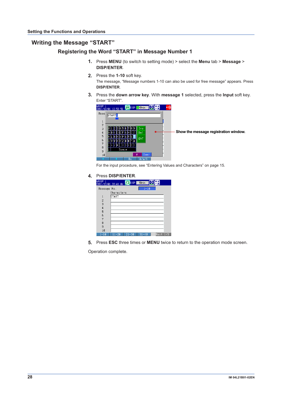 Writing the message “start | Yokogawa Value Series FX1000 User Manual | Page 29 / 34