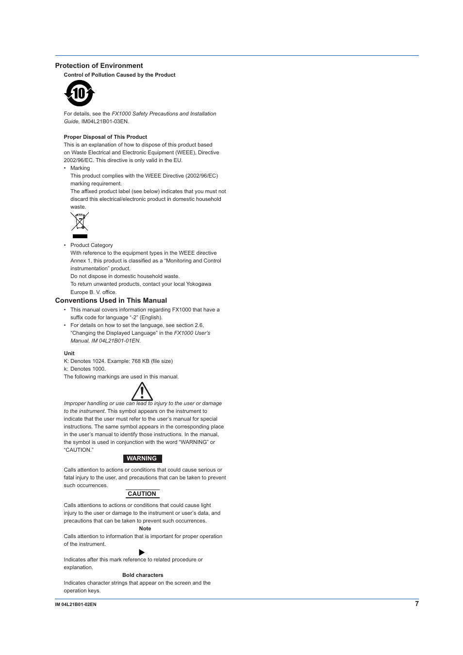 Protection of environment, Conventions used in this manual | Yokogawa Value Series FX1000 User Manual | Page 8 / 34