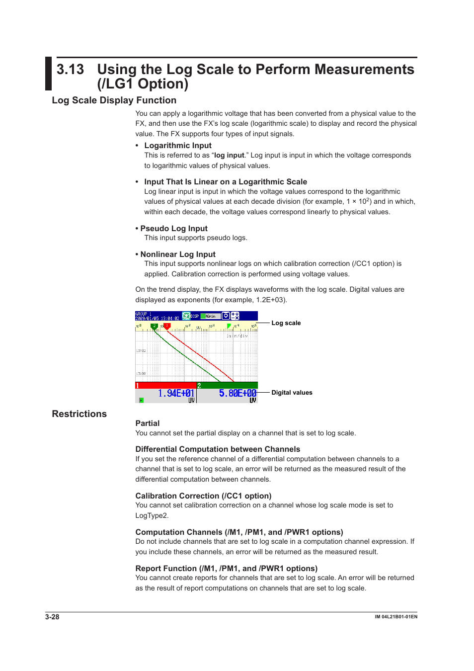 Log scale display function, Restrictions | Yokogawa Value Series FX1000 User Manual | Page 101 / 327