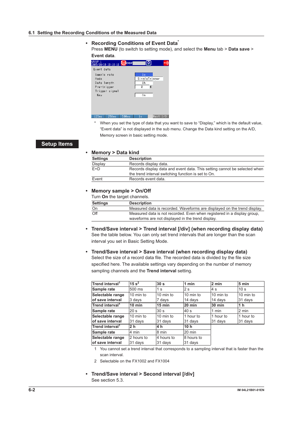 Setup items, Recording conditions of event data, Trend/save interval > second interval [/div | Yokogawa Value Series FX1000 User Manual | Page 171 / 327