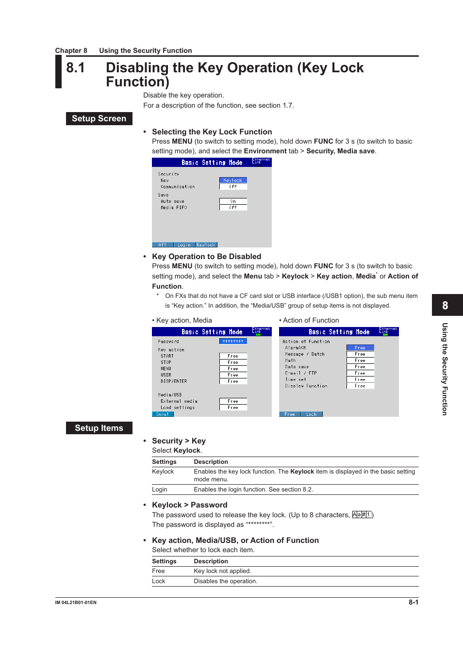 Chapter 8 using the security function, 1 disabling the key operation (key lock function) | Yokogawa Value Series FX1000 User Manual | Page 198 / 327