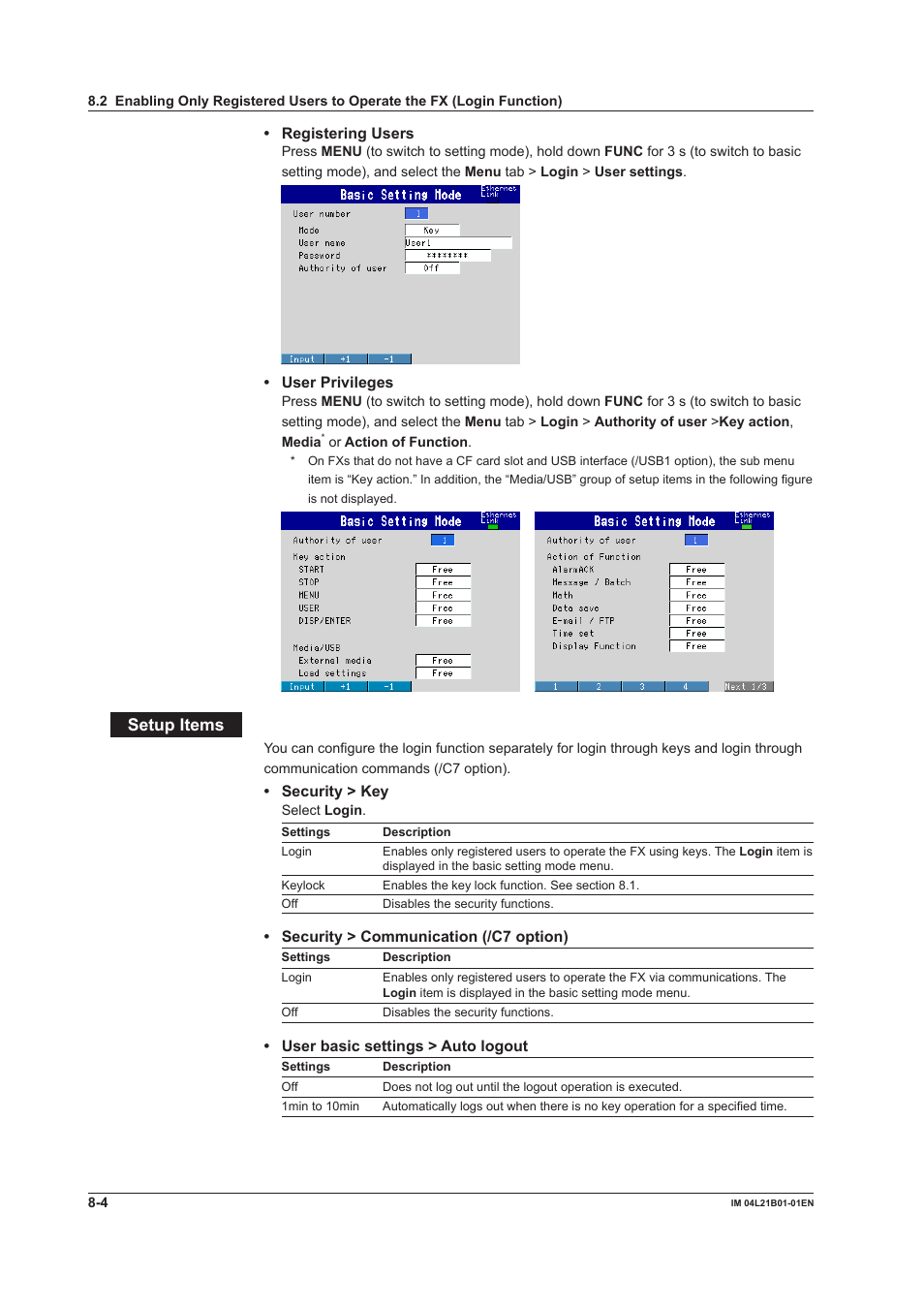 Setup items | Yokogawa Value Series FX1000 User Manual | Page 201 / 327