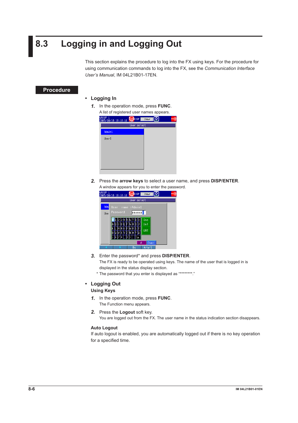 3 logging in and logging out, 3 logging in and logging out -6 | Yokogawa Value Series FX1000 User Manual | Page 203 / 327