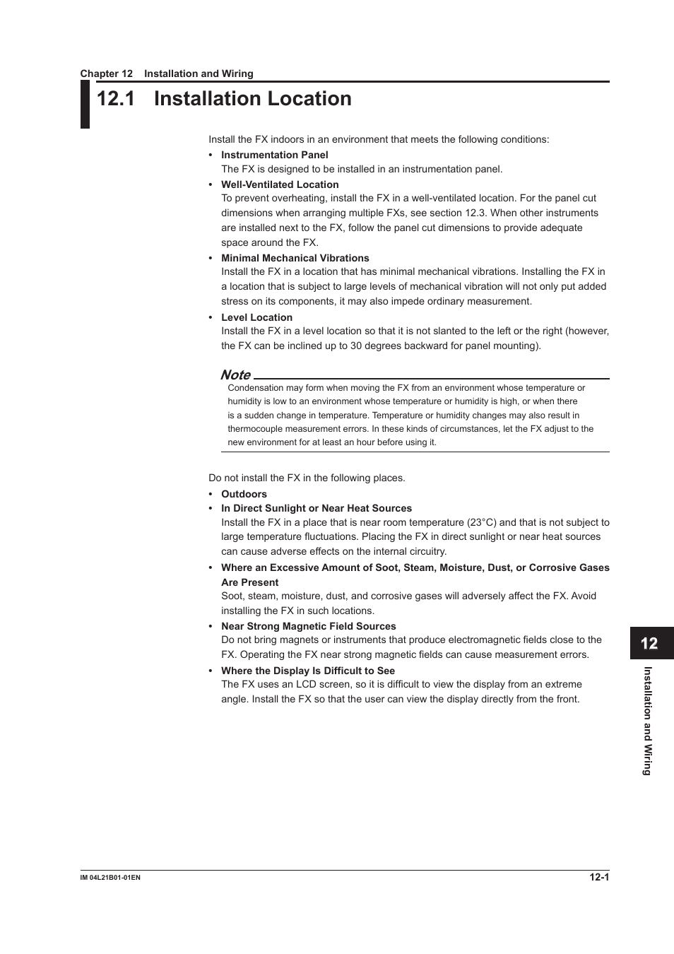 Chapter 12 installation and wiring, 1 installation location, 1 installation location -1 | Yokogawa Value Series FX1000 User Manual | Page 250 / 327