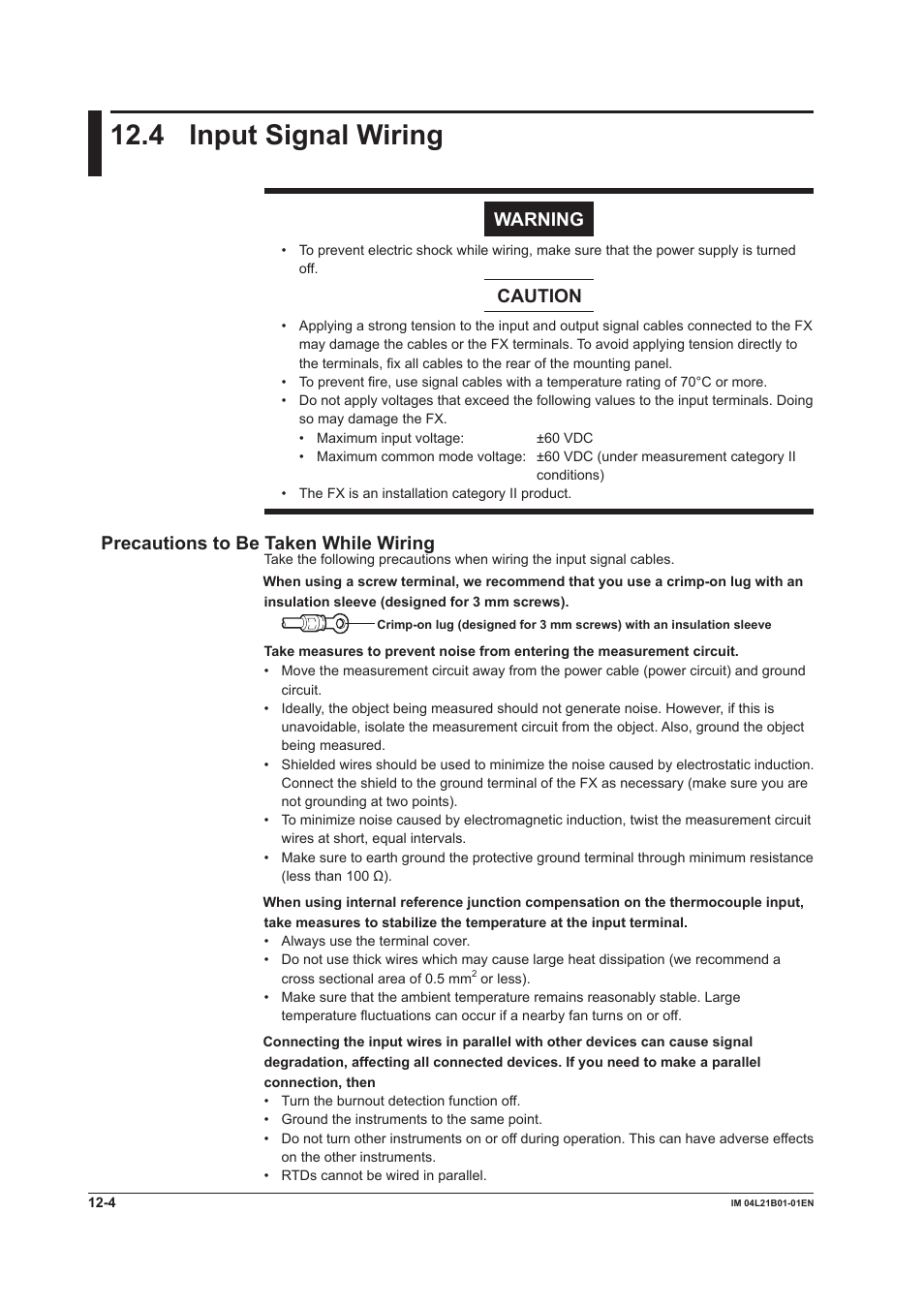 4 input signal wiring, 4 input signal wiring -4, Warning | Caution, Precautions to be taken while wiring | Yokogawa Value Series FX1000 User Manual | Page 253 / 327